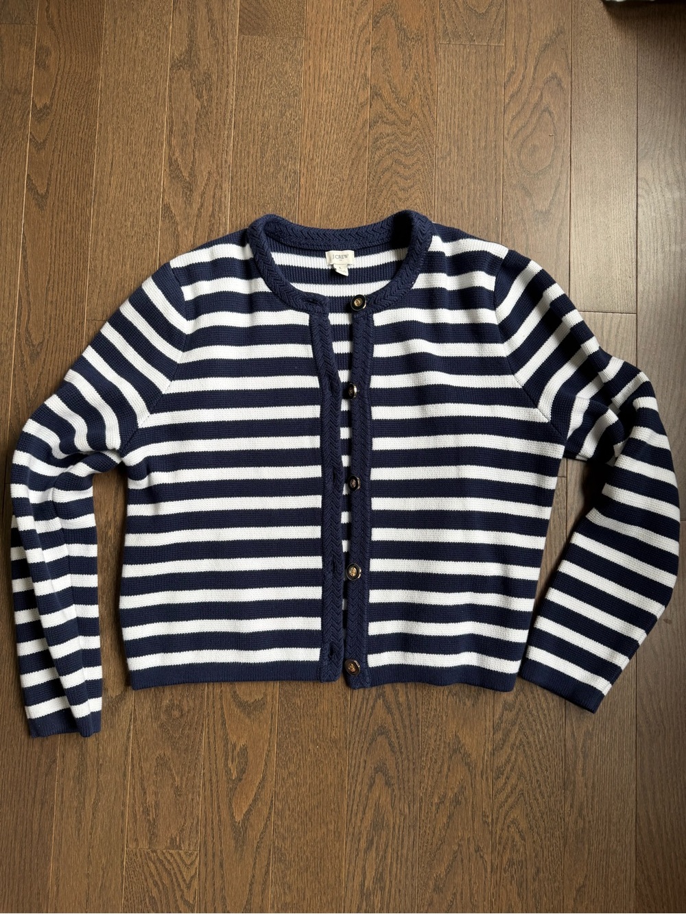 J. Crew Navy and White Striped Button-Front Cardigan